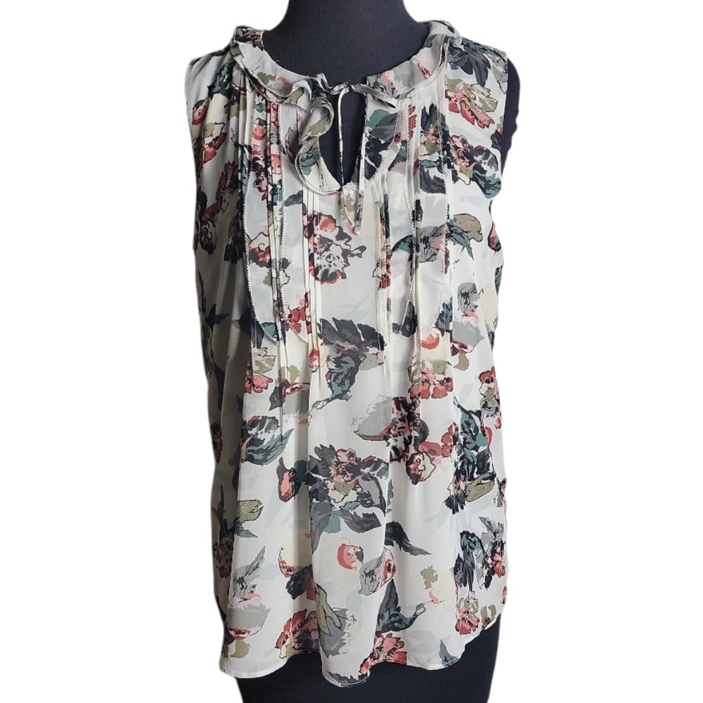 Rose & Olive floral print sleeveless top women's medium ruffle front boho t
